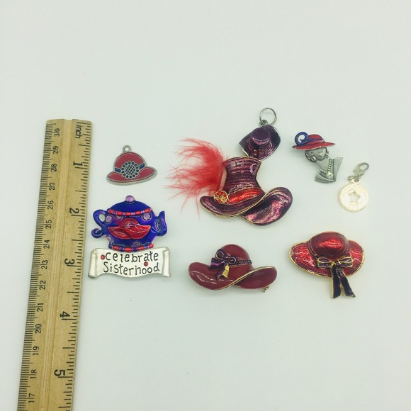 Fun Lot of Red Hat Society Pin Rhinestones Feathers Brooch Lot 8 items J17 - Picture 8 of 8